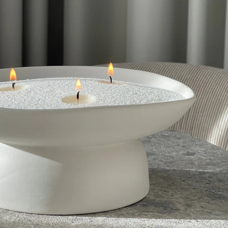 Alt Tag: Lucid Sand Refill pearled candle in modern bowl with multiple wicks, refillable pearled sand candle wax pearls